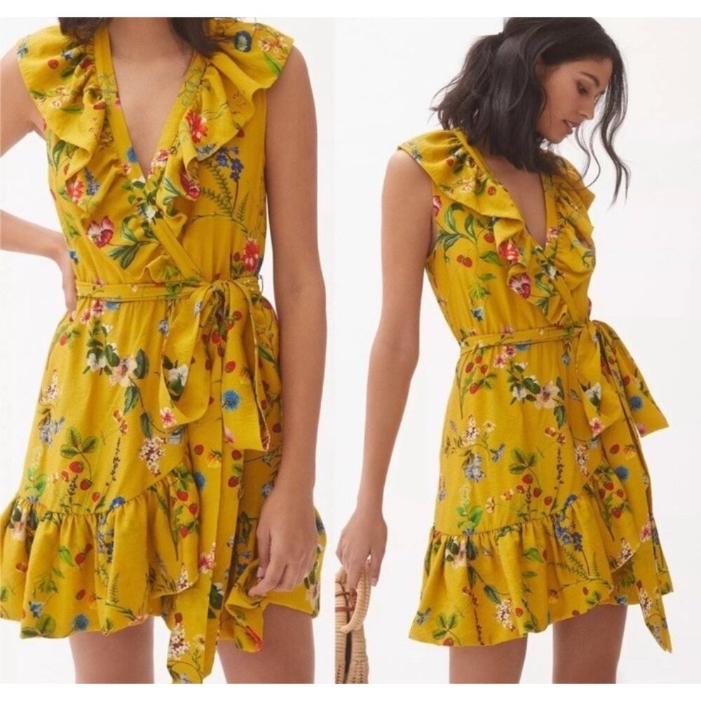 Anthropologie Maeve Yellow Floral Berry Wrap Mini Dress Size Medium NEW